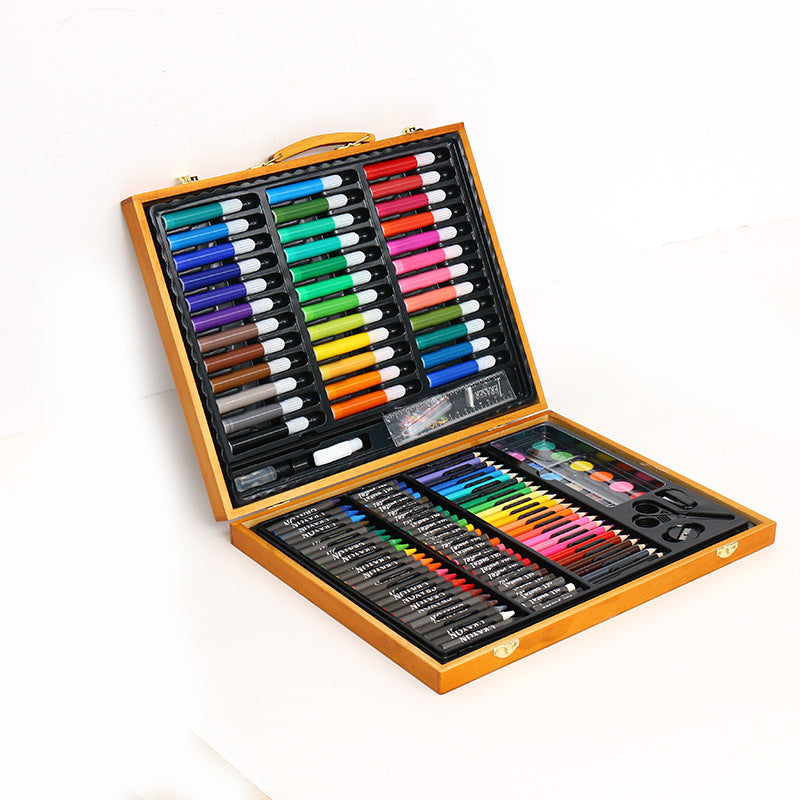 Manufacturer customizes 150 pieces wooden box children's brush set, children's art painting supplies watercolor pen crayon set