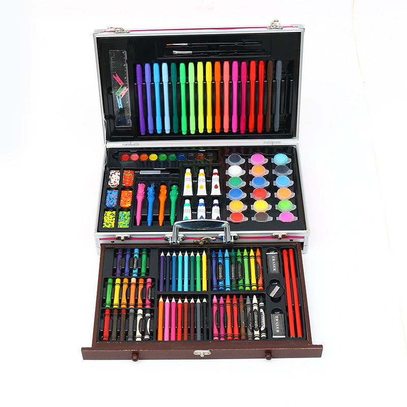 Manufacturer customized children's colored pen painting set 123 pieces aluminum box crayon oil painting stick student art supplies gift box