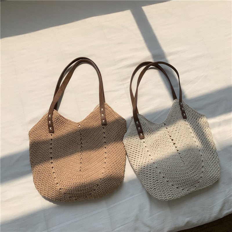 Bag women's bag new 2021 Korean holiday style shoulder bag splicing cotton rope woven straw bag woven bag
