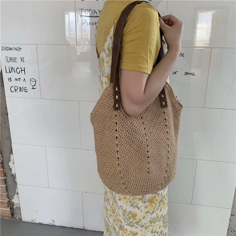 Bag women's bag new 2021 Korean holiday style shoulder bag splicing cotton rope woven straw bag woven bag