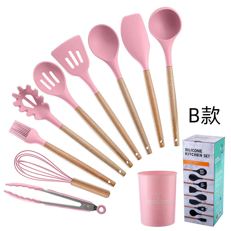 in stock wooden handle silicone 12-piece suitfor home kitchenware non-stick cooking spatula spoon baking kitchenware