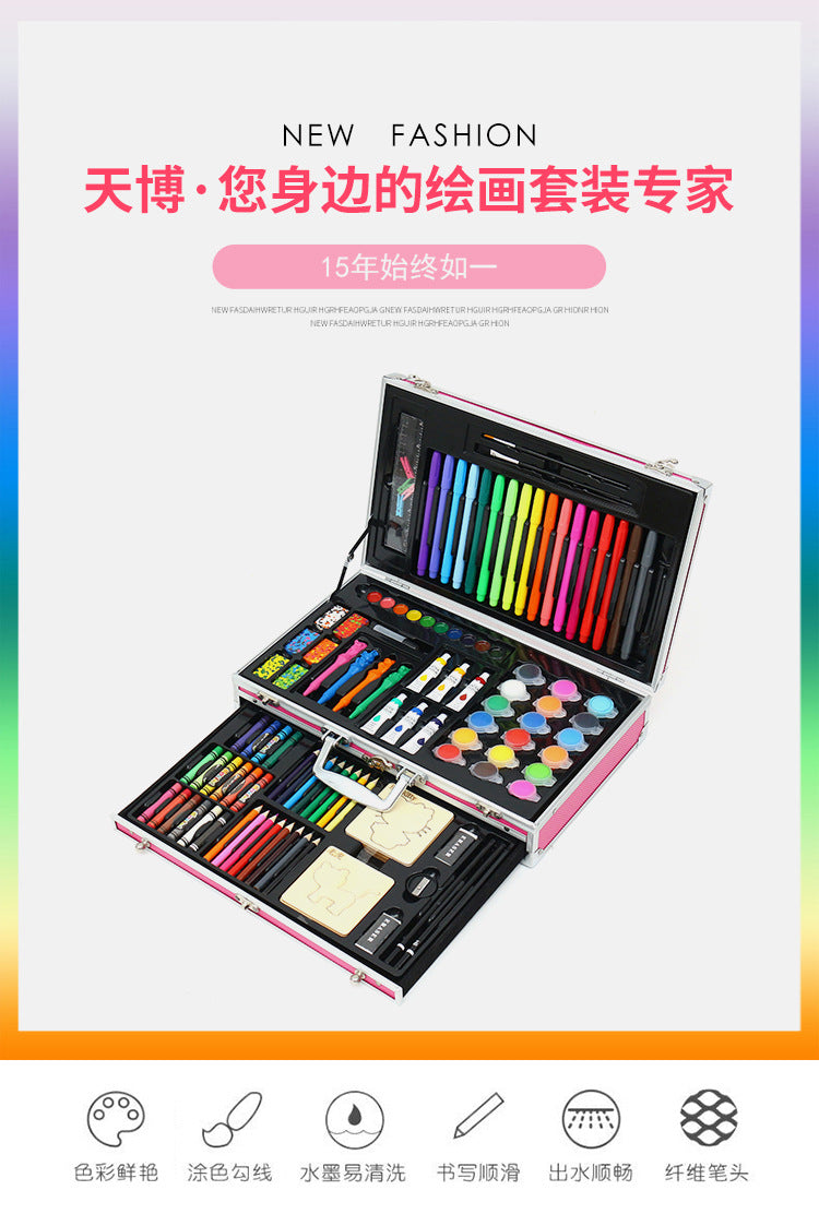 Manufacturer customized children's colored pen painting set 123 pieces aluminum box crayon oil painting stick student art supplies gift box