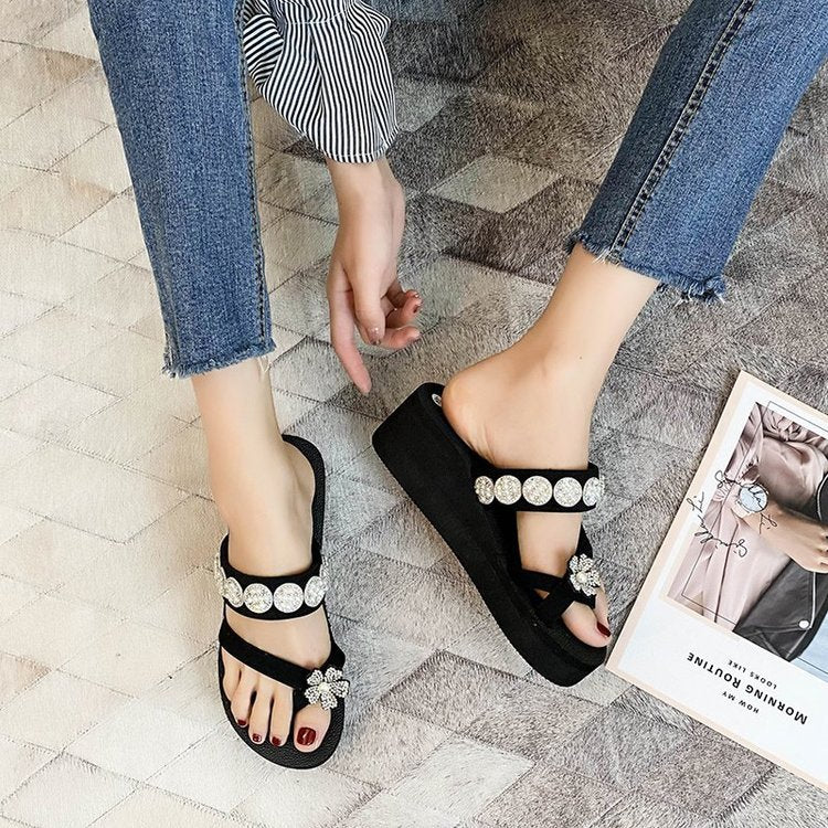 New arrival high-heeled sandals for women, summer outwearthick sole beach shoes, fashion flip-flops, seaside flower flip-flops