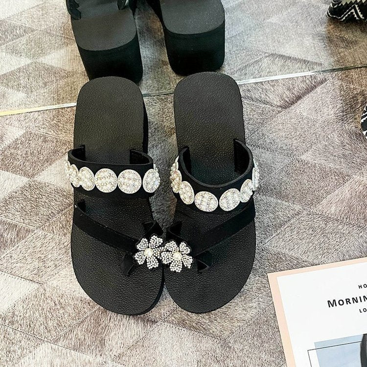 New arrival high-heeled sandals for women, summer outwearthick sole beach shoes, fashion flip-flops, seaside flower flip-flops