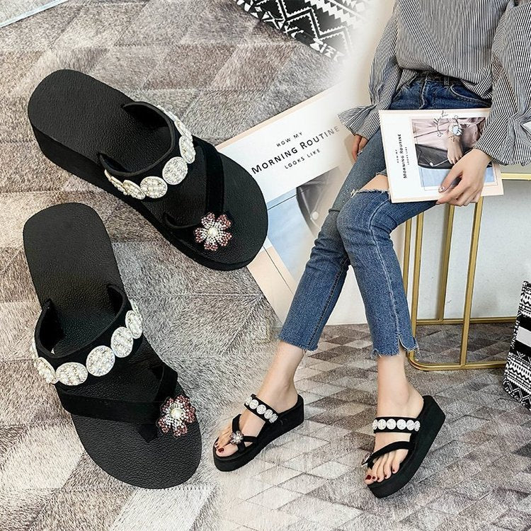 New arrival high-heeled sandals for women, summer outwearthick sole beach shoes, fashion flip-flops, seaside flower flip-flops