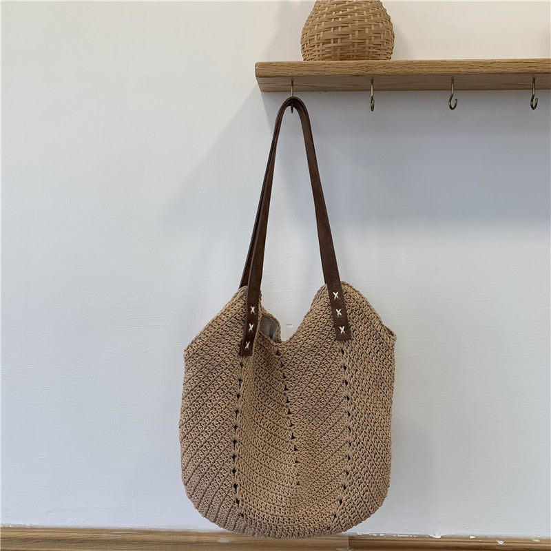 Bag women's bag new 2021 Korean holiday style shoulder bag splicing cotton rope woven straw bag woven bag