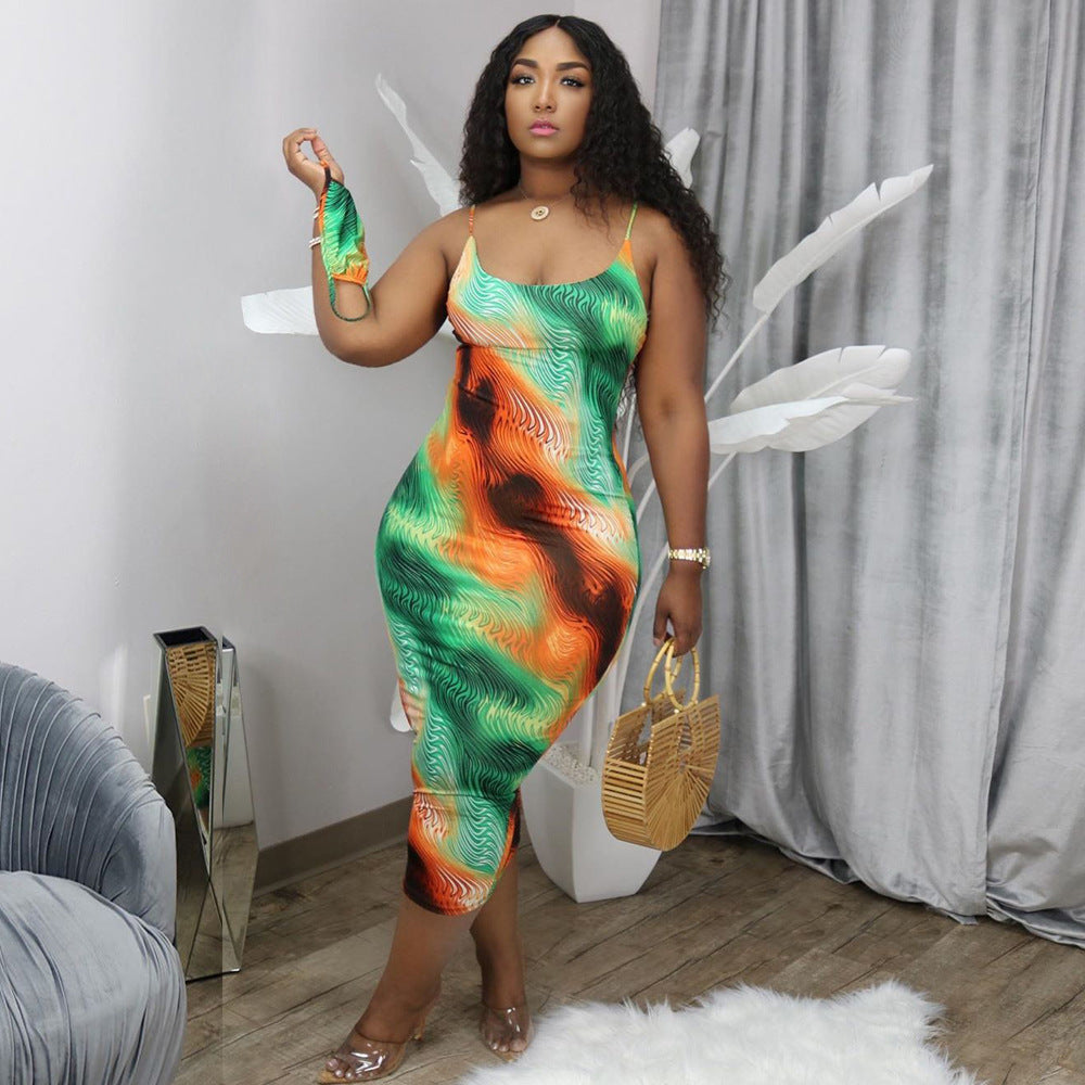 S3779 Cross-border European and American women's clothing hollow sexy suspender printed dress one-step skirt women (excluding masks)