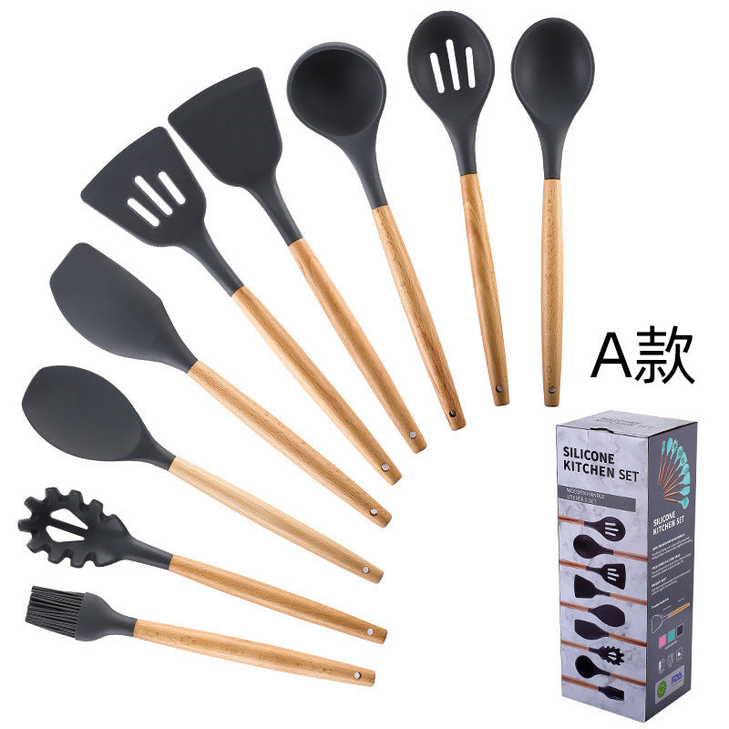 in stock wooden handle silicone 12-piece suitfor home kitchenware non-stick cooking spatula spoon baking kitchenware