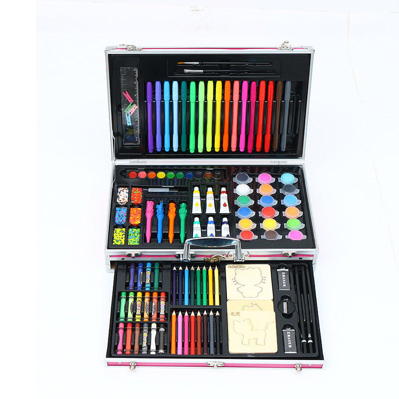 Manufacturer customized children's colored pen painting set 123 pieces aluminum box crayon oil painting stick student art supplies gift box
