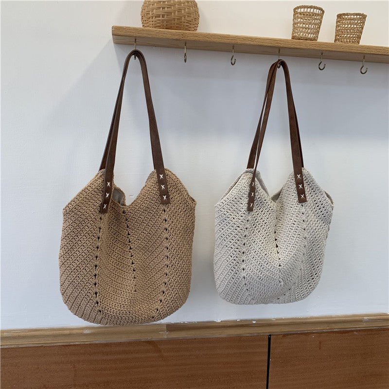 Bag women's bag new 2021 Korean holiday style shoulder bag splicing cotton rope woven straw bag woven bag
