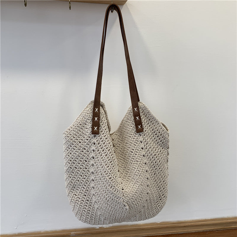 Bag women's bag new 2021 Korean holiday style shoulder bag splicing cotton rope woven straw bag woven bag