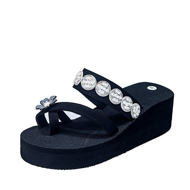 New arrival high-heeled sandals for women, summer outwearthick sole beach shoes, fashion flip-flops, seaside flower flip-flops
