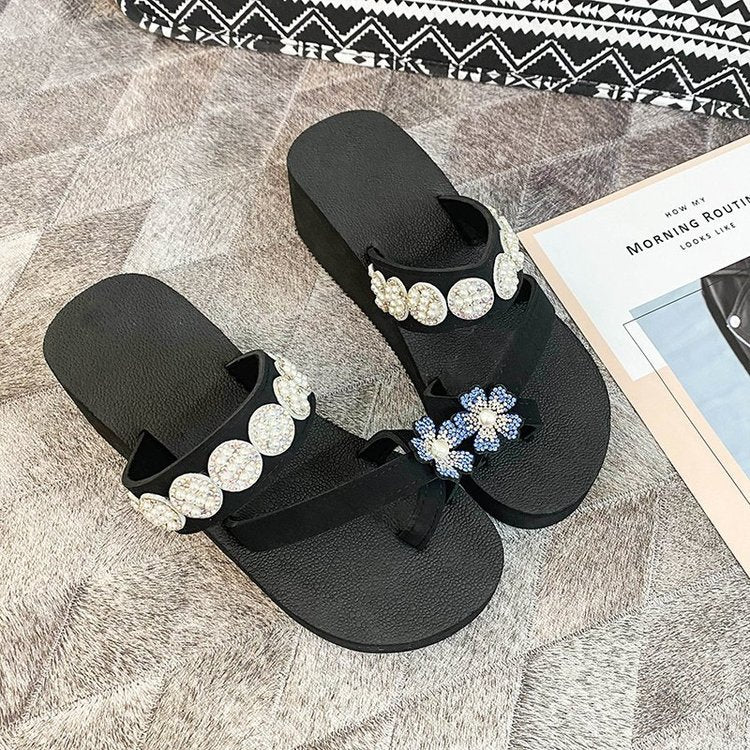 New arrival high-heeled sandals for women, summer outwearthick sole beach shoes, fashion flip-flops, seaside flower flip-flops