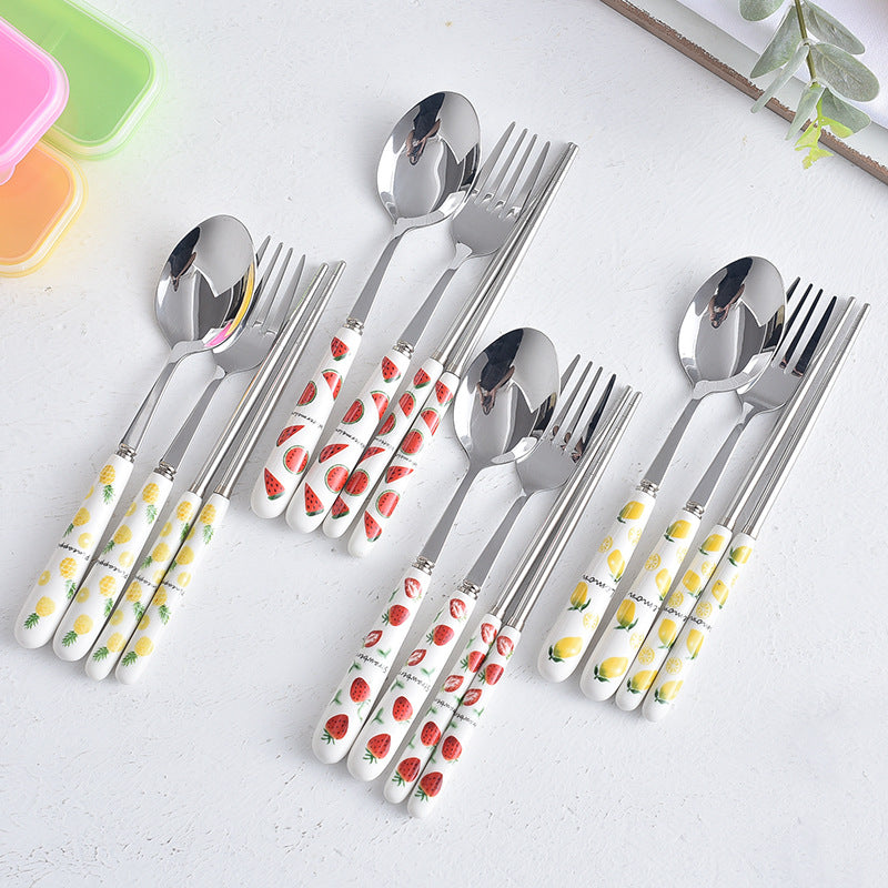 Creative fruit ceramic stainless steel cutlery portable three-piece set - student outdoor travel fork, spoon, and chopsticks set - wholesale