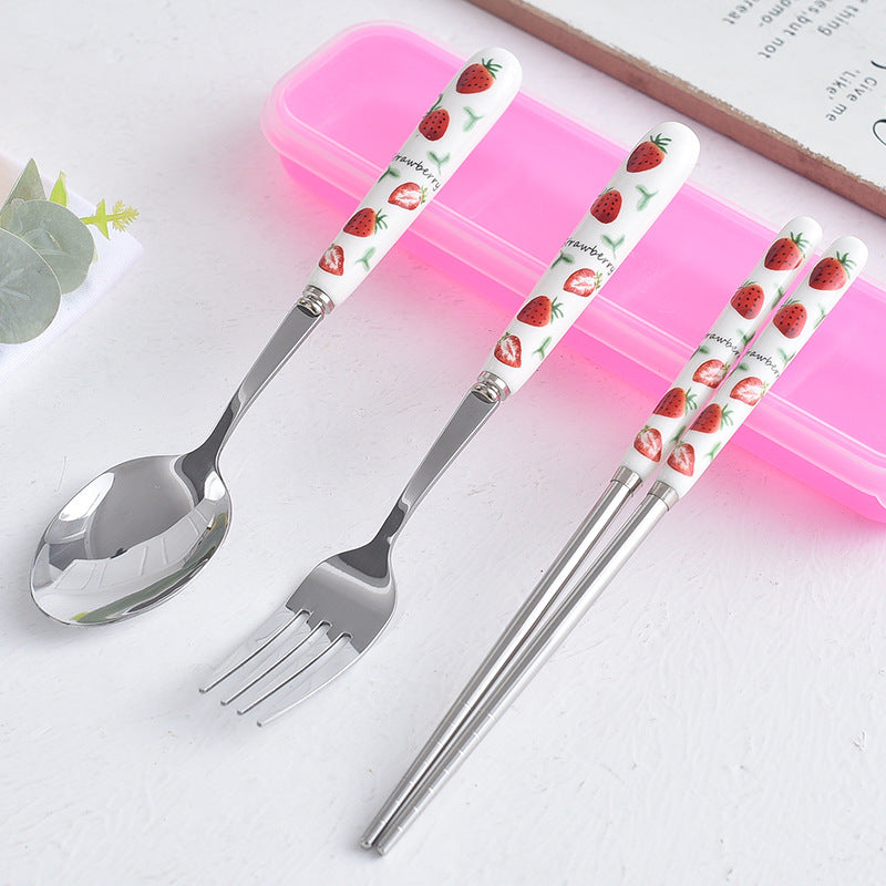 Creative fruit ceramic stainless steel cutlery portable three-piece set - student outdoor travel fork, spoon, and chopsticks set - wholesale