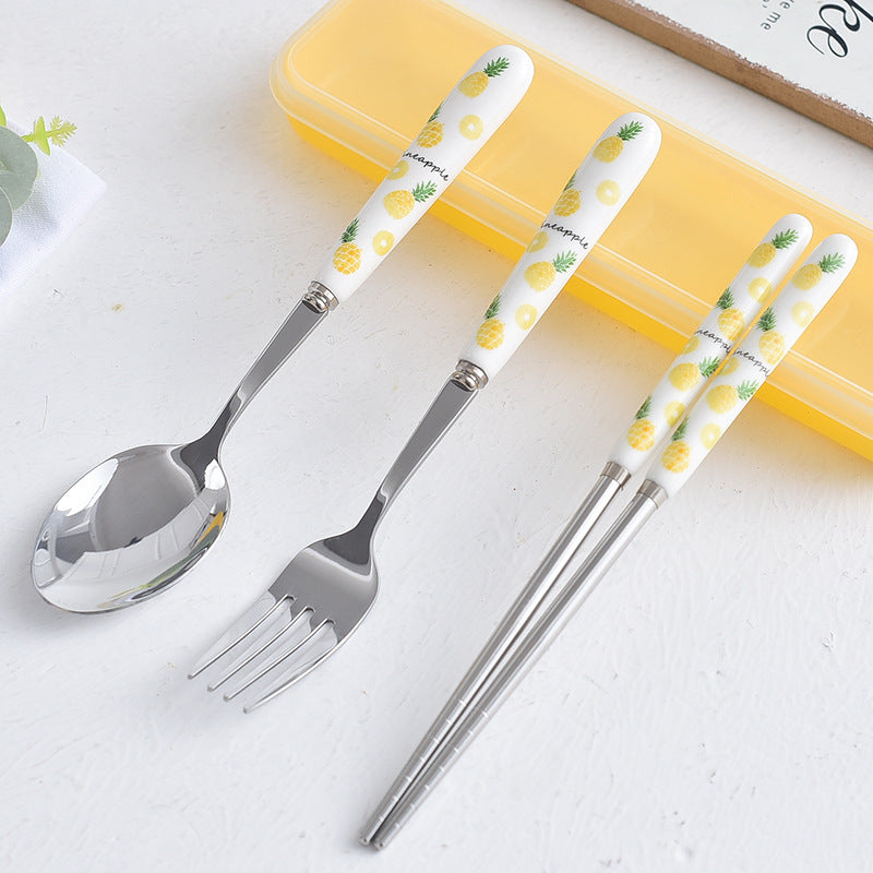 Creative fruit ceramic stainless steel cutlery portable three-piece set - student outdoor travel fork, spoon, and chopsticks set - wholesale