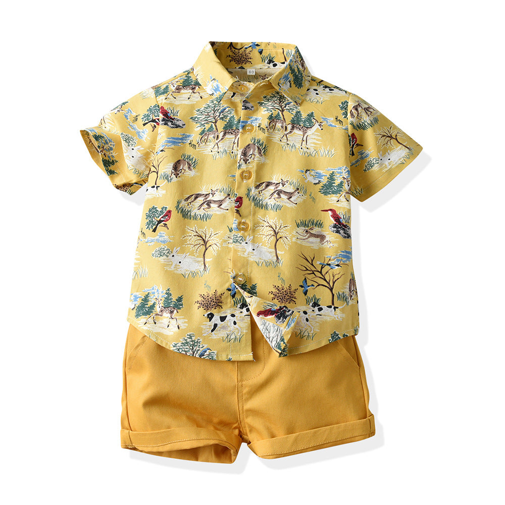 European and american summer new boys' korean style animal print short-sleeve shirt and shorts casual two-piece kids' outfit set