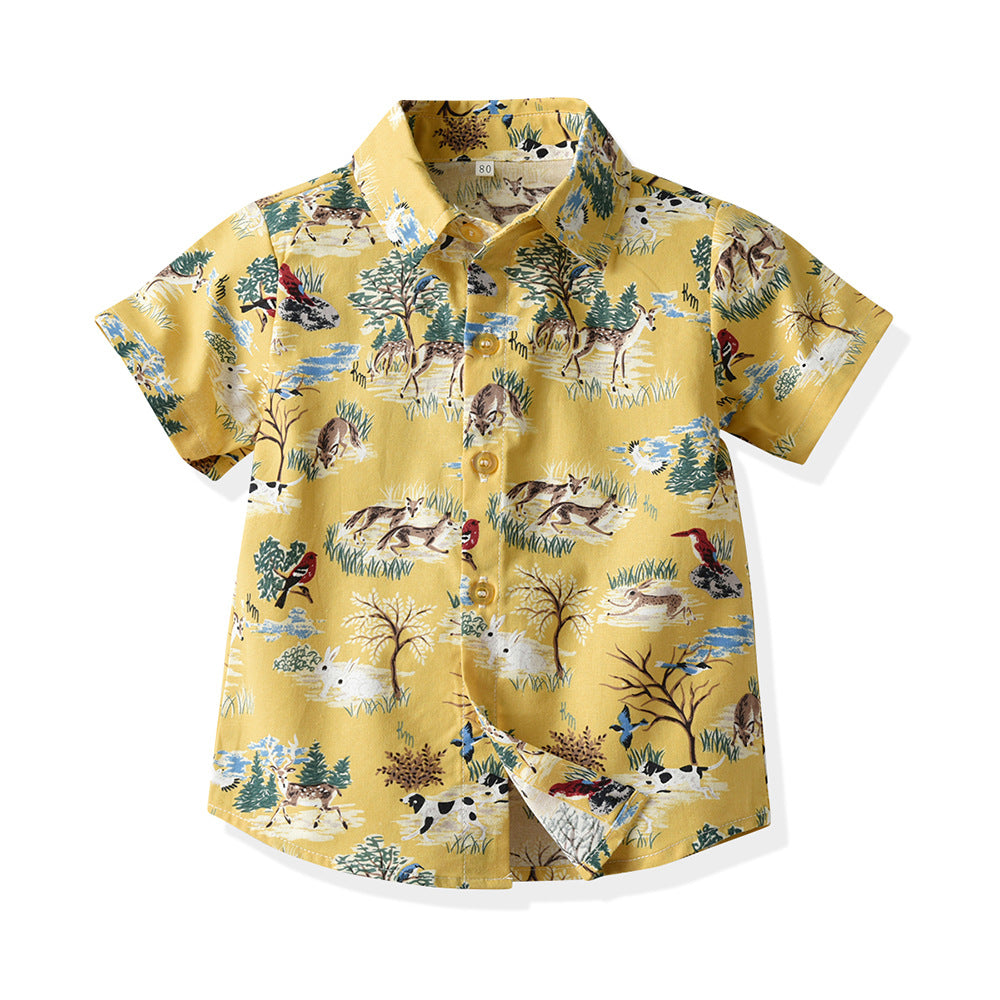 European and american summer new boys' korean style animal print short-sleeve shirt and shorts casual two-piece kids' outfit set