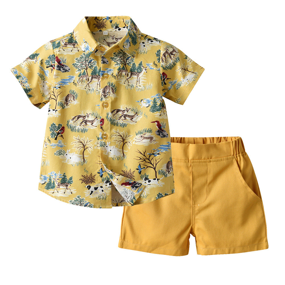 European and american summer new boys' korean style animal print short-sleeve shirt and shorts casual two-piece kids' outfit set