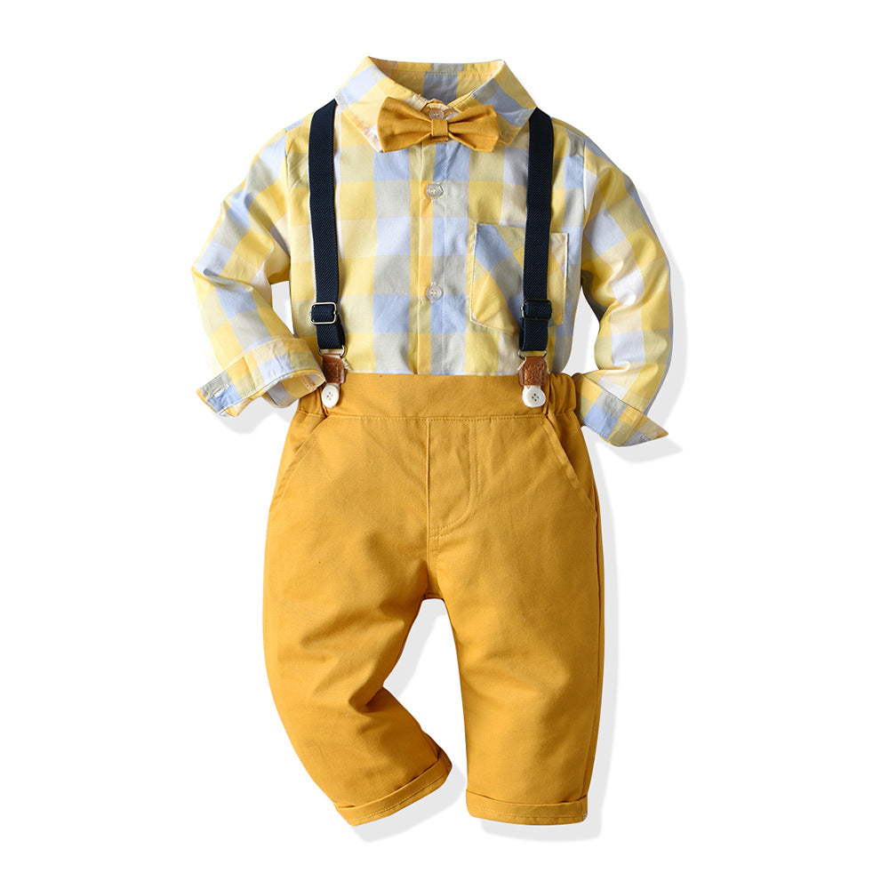 Boys' spring/summer new color block plaid shirt & overalls gentleman two-piece set - dropshipping available