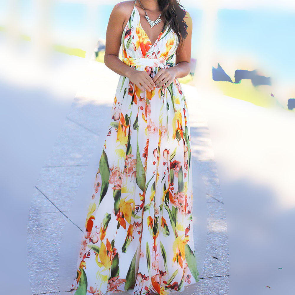 cross-border  spring/summer new arrivals: european and american style fashion v-neck camisole printed beach dress - maxi length