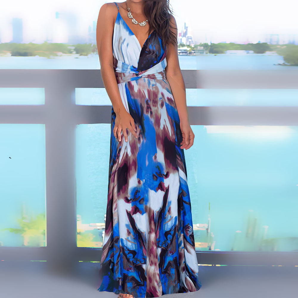 cross-border  spring/summer new arrivals: european and american style fashion v-neck camisole printed beach dress - maxi length