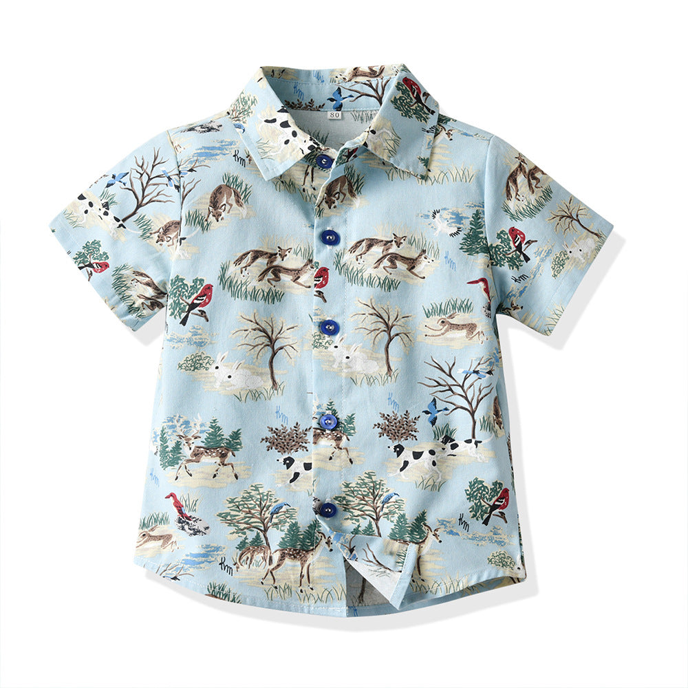 European and american summer new boys' korean style animal print short-sleeve shirt and shorts casual two-piece kids' outfit set