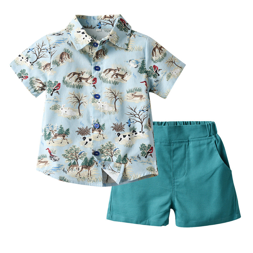 European and american summer new boys' korean style animal print short-sleeve shirt and shorts casual two-piece kids' outfit set