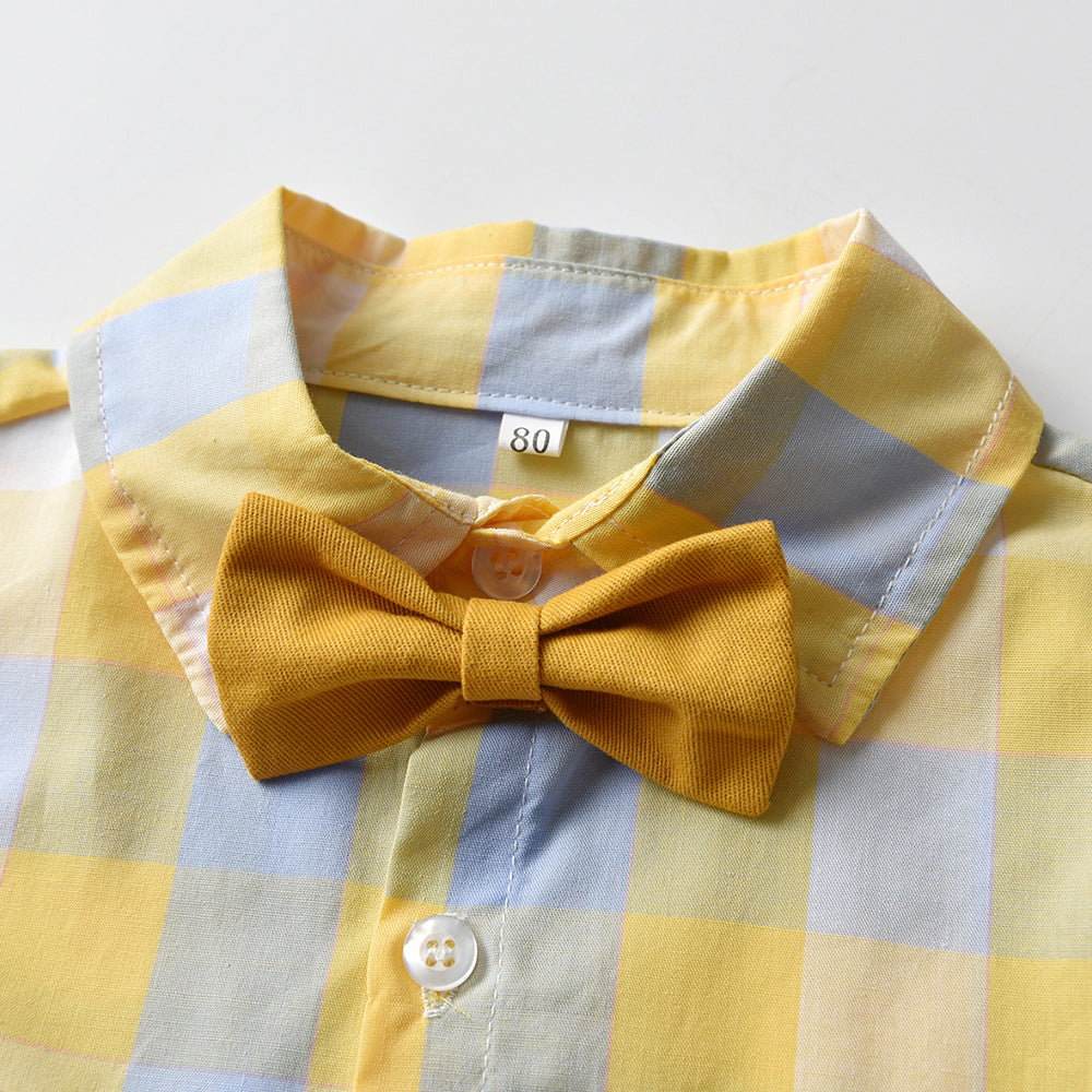 Boys' spring outfit: new color block plaid long-sleeve shirt and british style overalls two-piece set for toddlers and young children