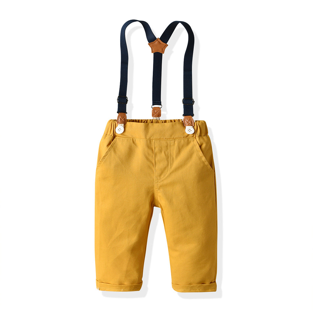 Boys' spring outfit: new color block plaid long-sleeve shirt and british style overalls two-piece set for toddlers and young children
