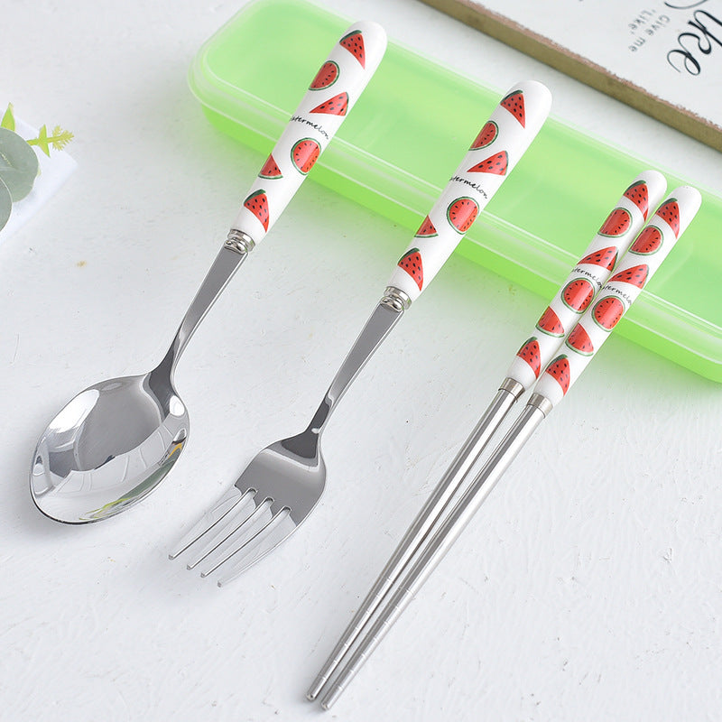 Creative fruit ceramic stainless steel cutlery portable three-piece set - student outdoor travel fork, spoon, and chopsticks set - wholesale