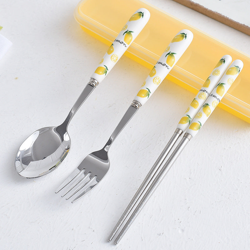 Creative fruit ceramic stainless steel cutlery portable three-piece set - student outdoor travel fork, spoon, and chopsticks set - wholesale