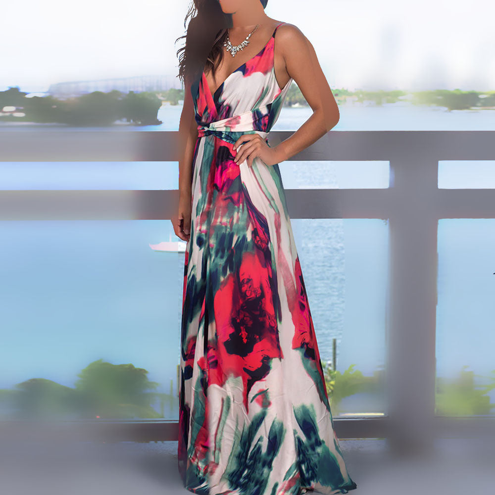 cross-border  spring/summer new arrivals: european and american style fashion v-neck camisole printed beach dress - maxi length