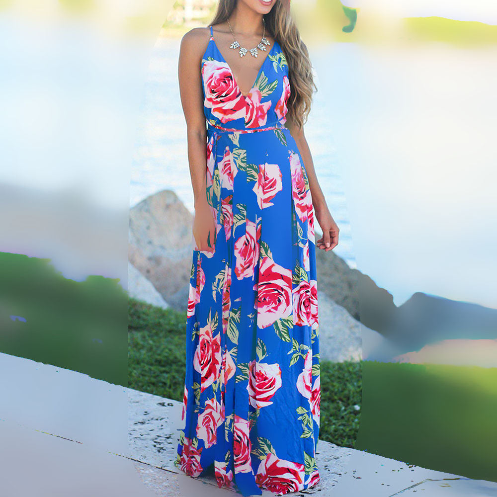 cross-border  spring/summer new arrivals: european and american style fashion v-neck camisole printed beach dress - maxi length