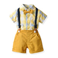 Wholesale children's clothing direct from the manufacturer: boys' preppy-style short-sleeved plaid shirt and suspender shorts set, dropshipping available