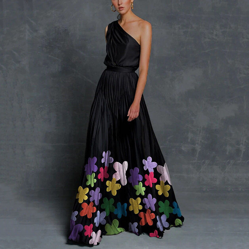 spring/summer new women's clothing  foreign trade style color block off-shoulder printed dress slim fit maxi dress