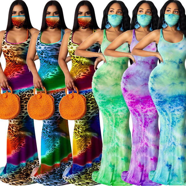 H126 Cross-border supply Europe and America fashion sexy tie-dye printing slim-fitting sleeveless women's dress fishtail dress evening dress