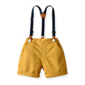 Wholesale children's clothing direct from the manufacturer: boys' preppy-style short-sleeved plaid shirt and suspender shorts set, dropshipping available