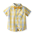 Wholesale children's clothing direct from the manufacturer: boys' preppy-style short-sleeved plaid shirt and suspender shorts set, dropshipping available