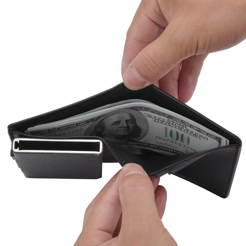 's new men's short wallet, automatic pop-up aluminum alloy card bag, anti-theft brush, anti-magnetic card sleeve, card box.