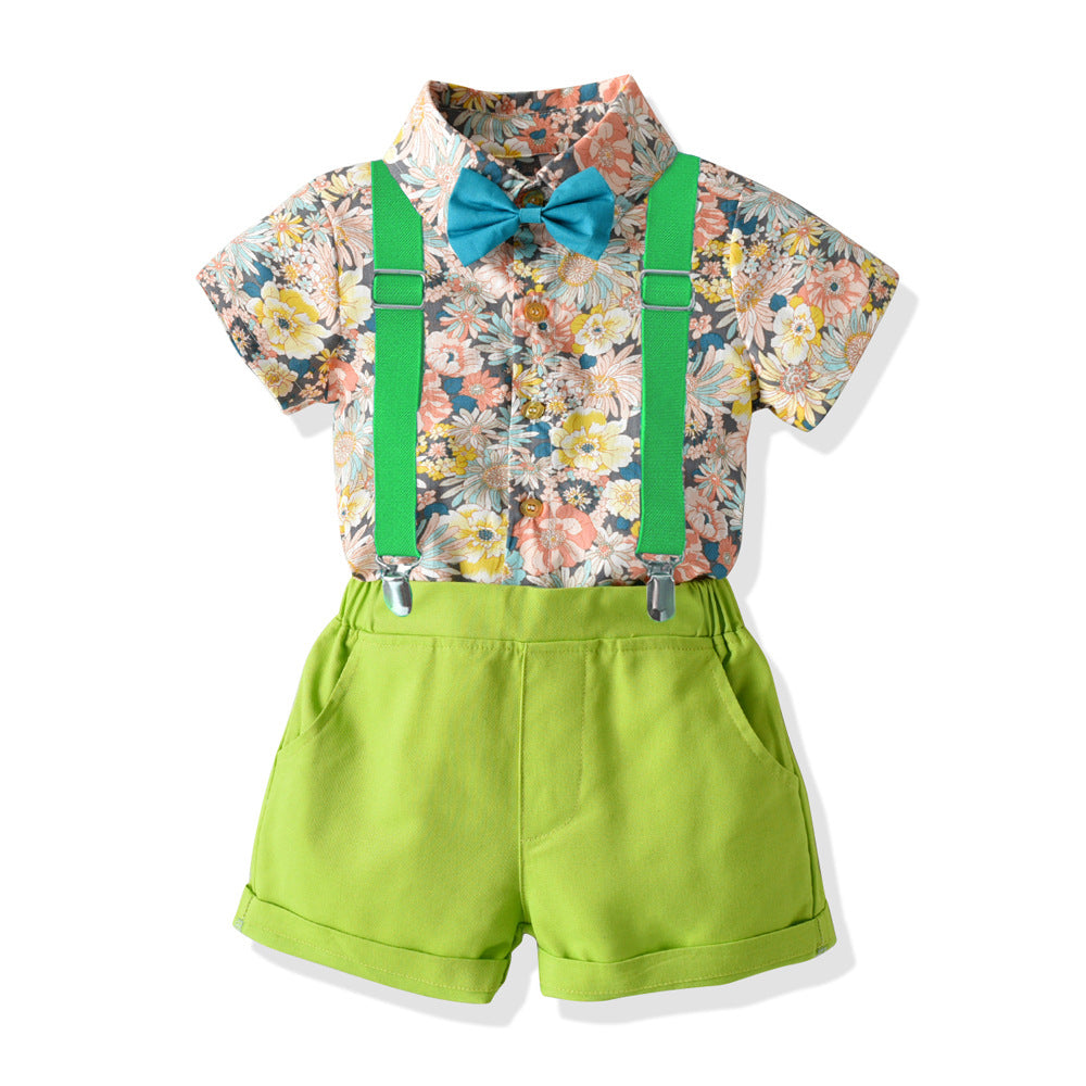European and american style boys' summer new print short-sleeve shirt and suspender shorts kids' fashion suit two-piece set