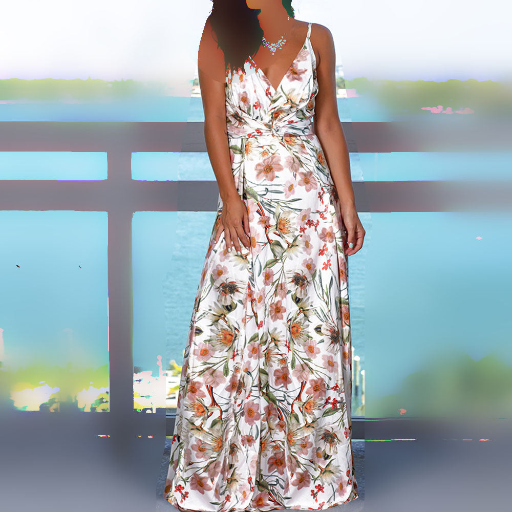 cross-border  spring/summer new arrivals: european and american style fashion v-neck camisole printed beach dress - maxi length