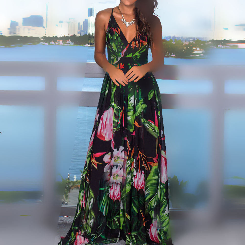 cross-border  spring/summer new arrivals: european and american style fashion v-neck camisole printed beach dress - maxi length