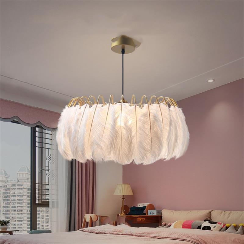 Bedroom lights Nordic modern simple ins girls room warm romantic creative lighting Internet celebrity feather chandelier