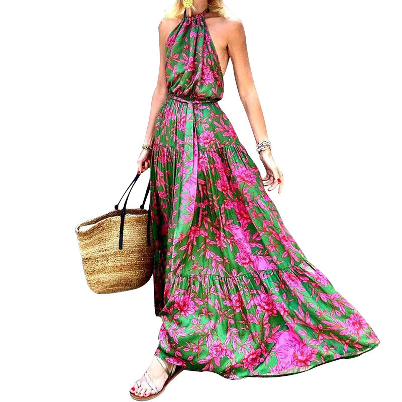 summer new european and american fashion women's halter neck sexy dress - backless printed sexy maxi dress