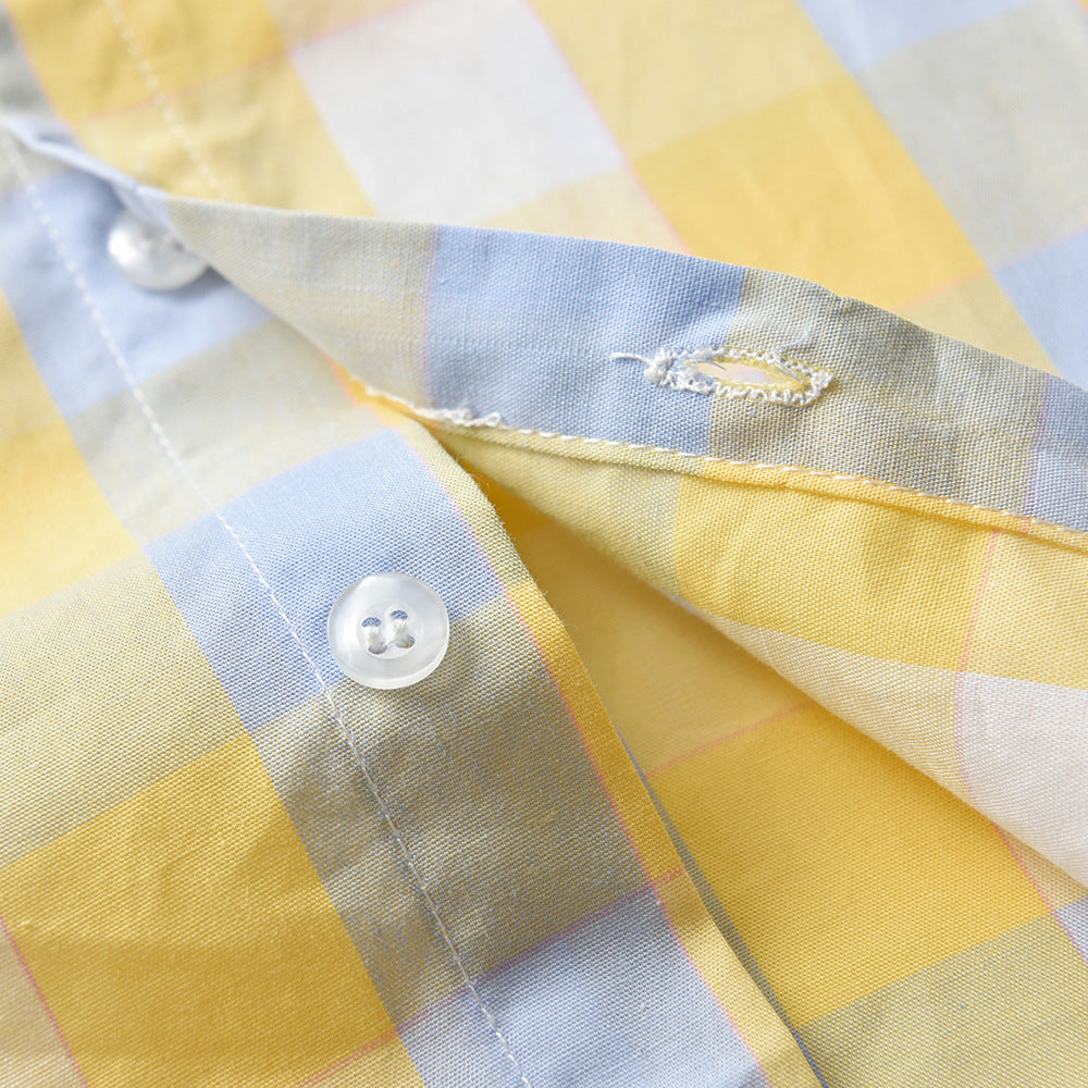 Wholesale children's clothing direct from the manufacturer: boys' preppy-style short-sleeved plaid shirt and suspender shorts set, dropshipping available