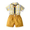 Wholesale children's clothing direct from the manufacturer: boys' preppy-style short-sleeved plaid shirt and suspender shorts set, dropshipping available