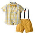 Wholesale children's clothing direct from the manufacturer: boys' preppy-style short-sleeved plaid shirt and suspender shorts set, dropshipping available