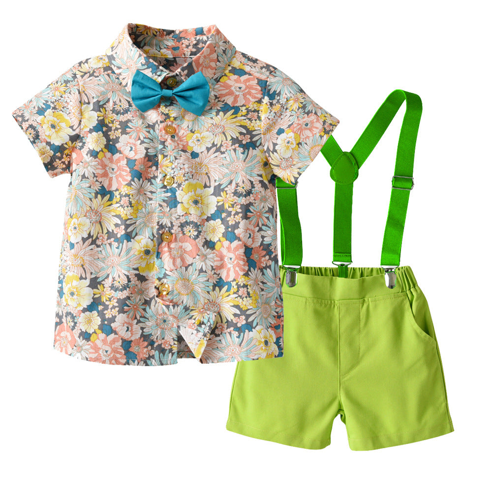 European and american style boys' summer new print short-sleeve shirt and suspender shorts kids' fashion suit two-piece set