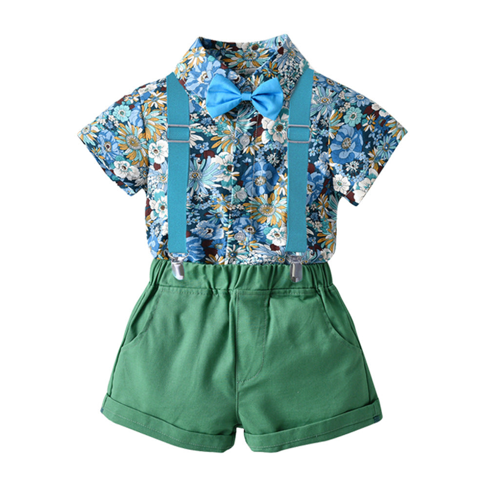European and american style boys' summer new print short-sleeve shirt and suspender shorts kids' fashion suit two-piece set